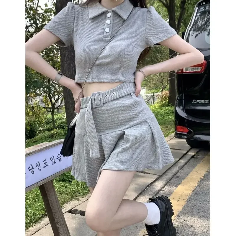 2023 College style suit female sweet spicy love button polo shirt T-shirt top pleated skirt mini gray summer two-piece Y2K