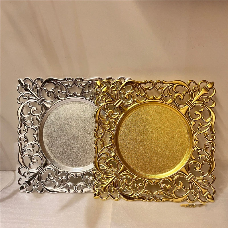 Square Steel and Gold Dining Plate, Dessert Plate, Snack Tray, Western Steak, Kitchen , Charger , 50, 100, 200 Pcs