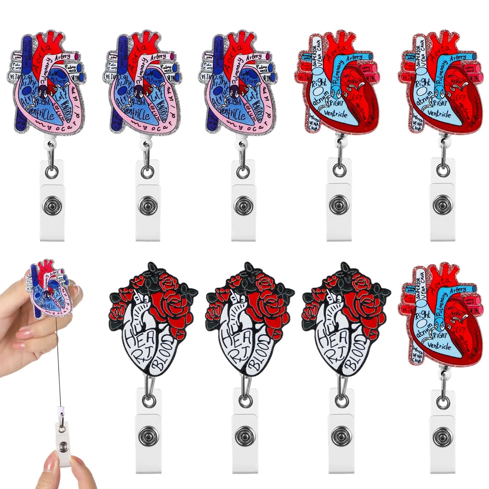 9Pcs Cardiac Badge Holders Heart Retractable Phlebotomy Badge Reel Holders Nurse Clips Nursing Name Tag Clips Badge Accessories