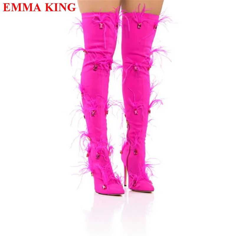 

Fashion Pink Feather Rhinestone Decor Over The Knee Boots Women Winter Female Slim Thigh High Boots High Heel Party Womens Shoes