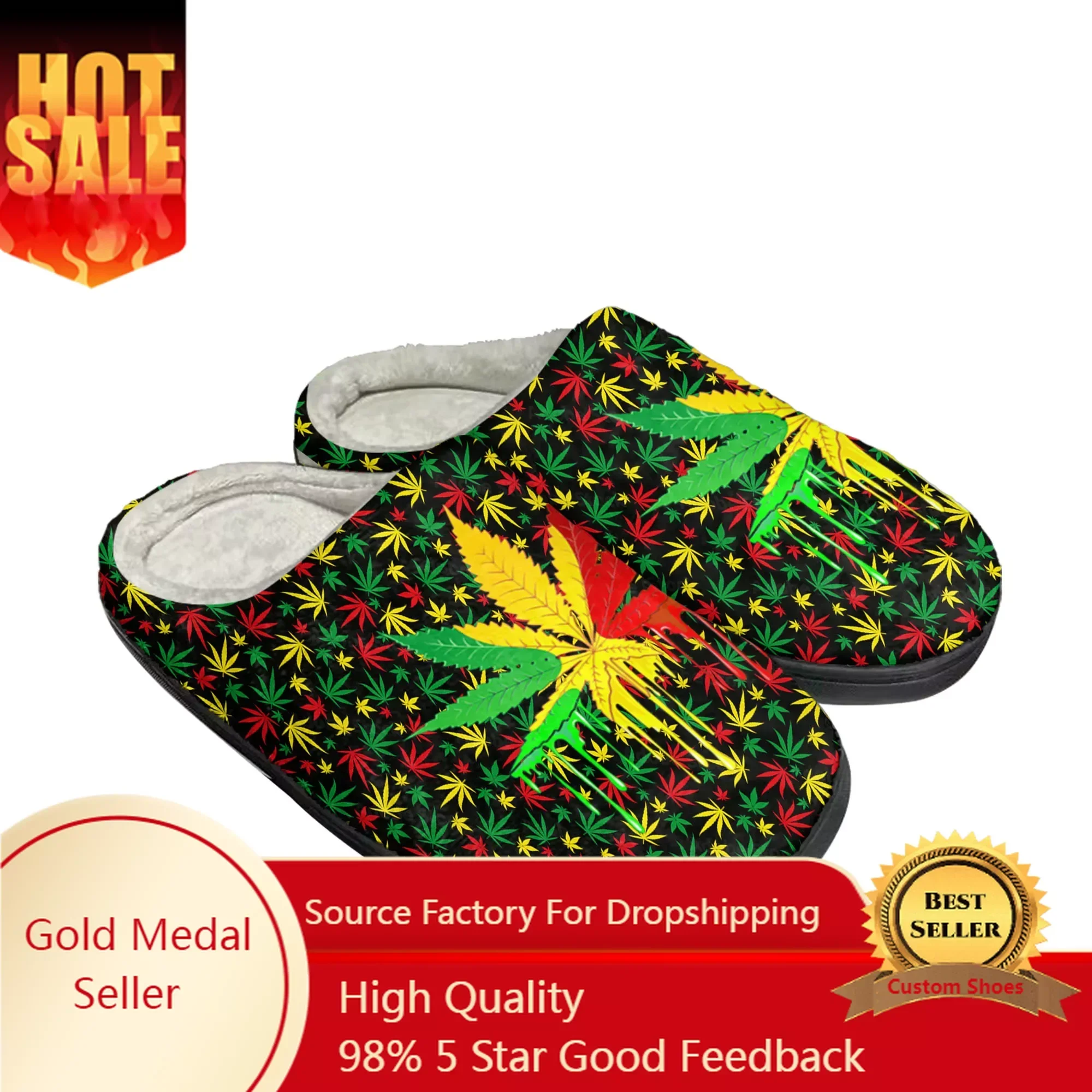 Leaf Weed Rasta Marijuana Red Yellow Green Art Home Cotton Slippers Mens Womens Plush Bedroom Keep Warm Shoe Customized DIY Shoe