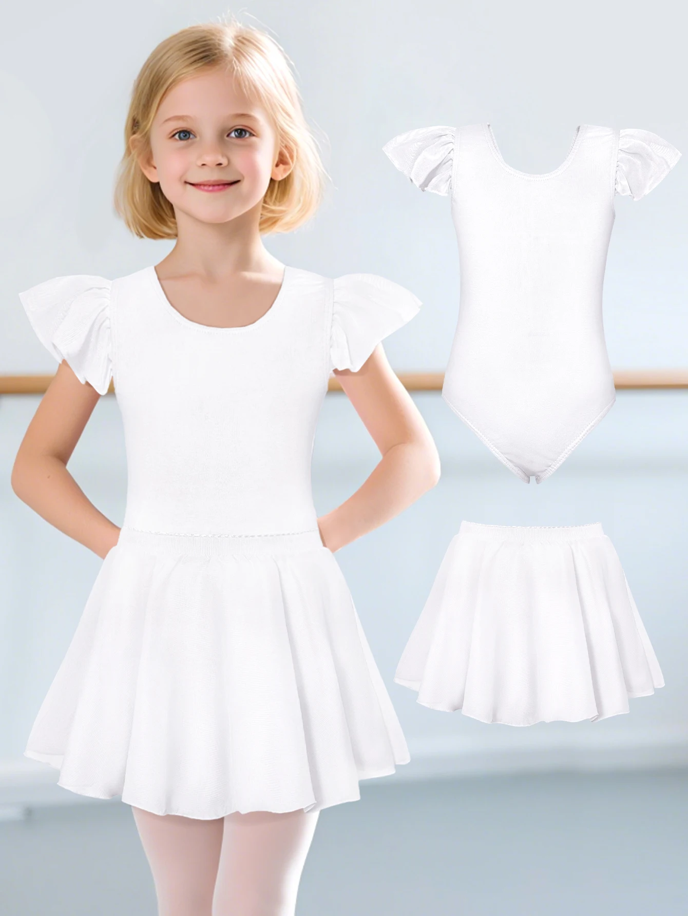 

Детский гимнастический купальник с рюшами на рукавах и юбкой для балета, танцев и выступлений, костюм балерины, танцевальная одежда