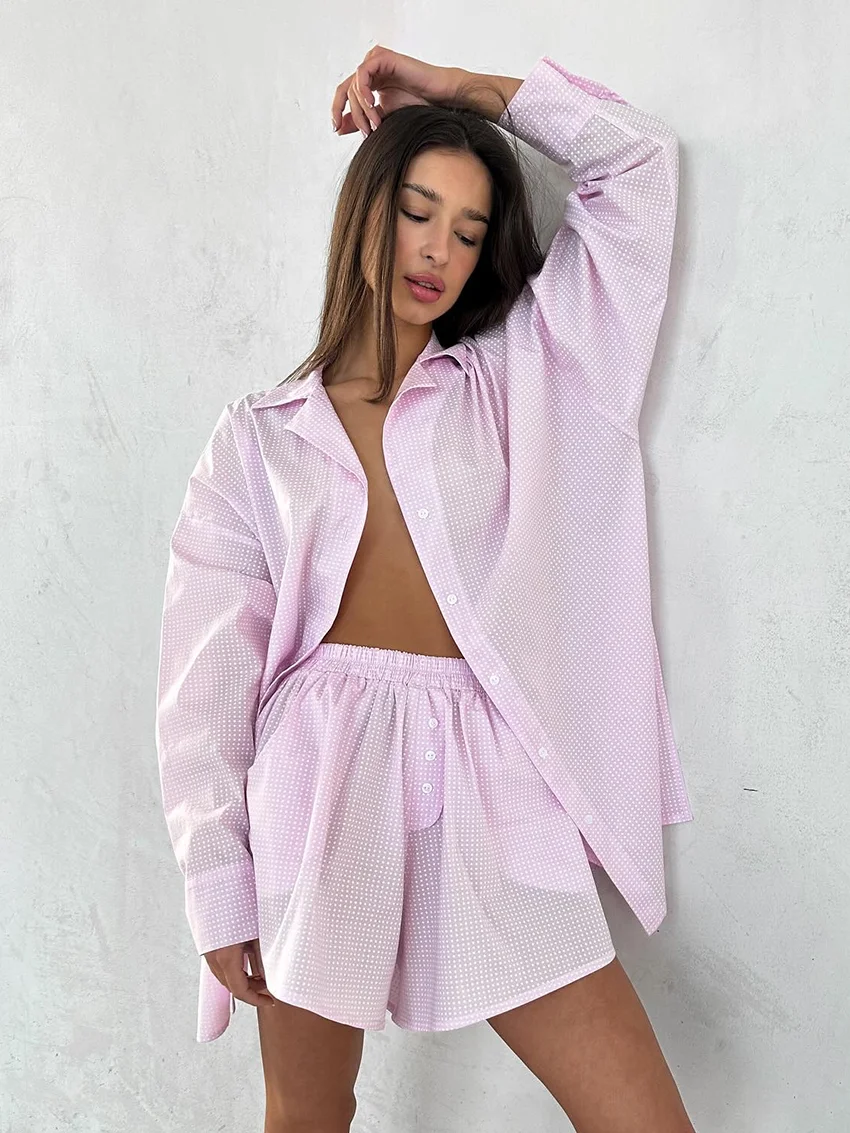 

Marthaqiqi Causal Female Nightgowns Suit Turn-Down Collar Pajamas Long Sleeve Nightwear Shorts Loose Women Sleepwear 2 Piece Set