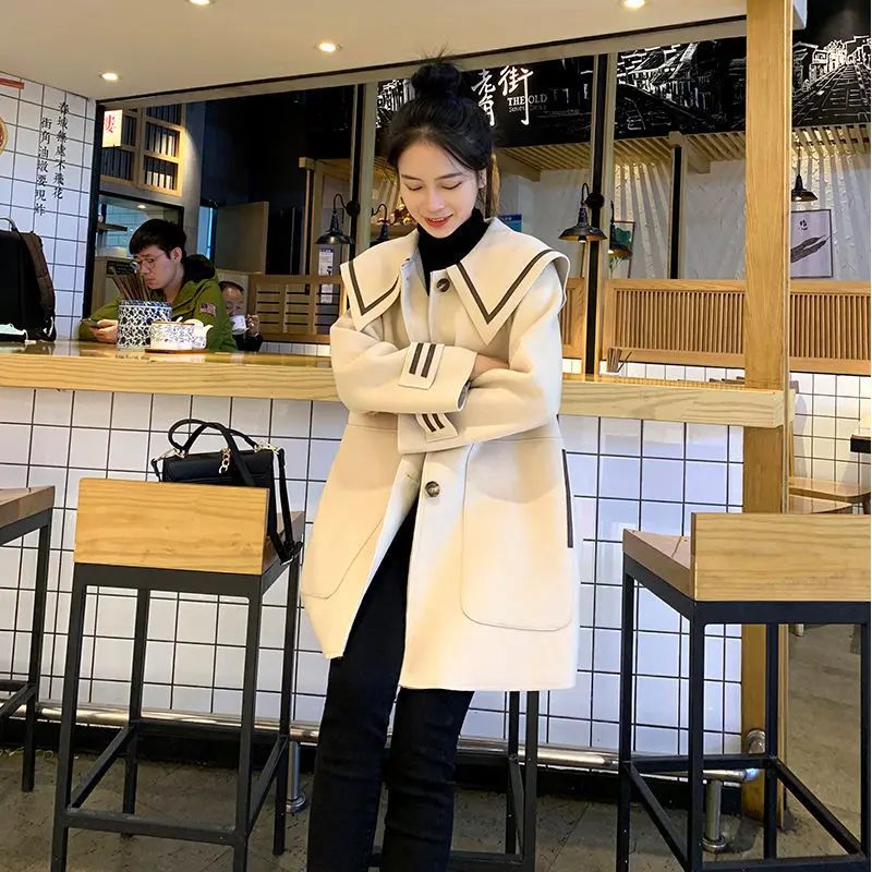 

Navy collar coat medium and long women's 2023 new Korean version of college style small single-breasted A-shaped woolen coat