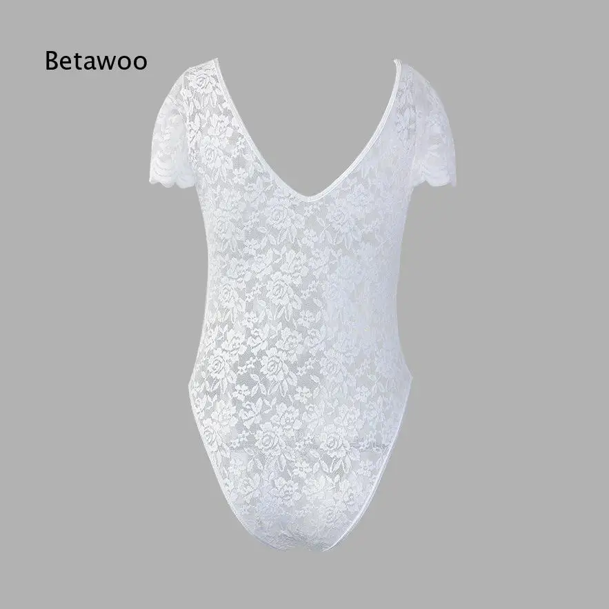 Solid Color V Neck Lace Trim Sheer Open Back Bodysuit For Women Slim Fit Delicate Aesthetic Sexy Garment For Daily Wear And Out