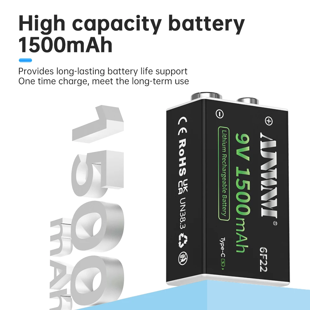 9V 1500mAh Rechargeable Lithium Battery 6F22 USB Type-C for Multimeter Microphone Toy Guitar KTV Remote Control