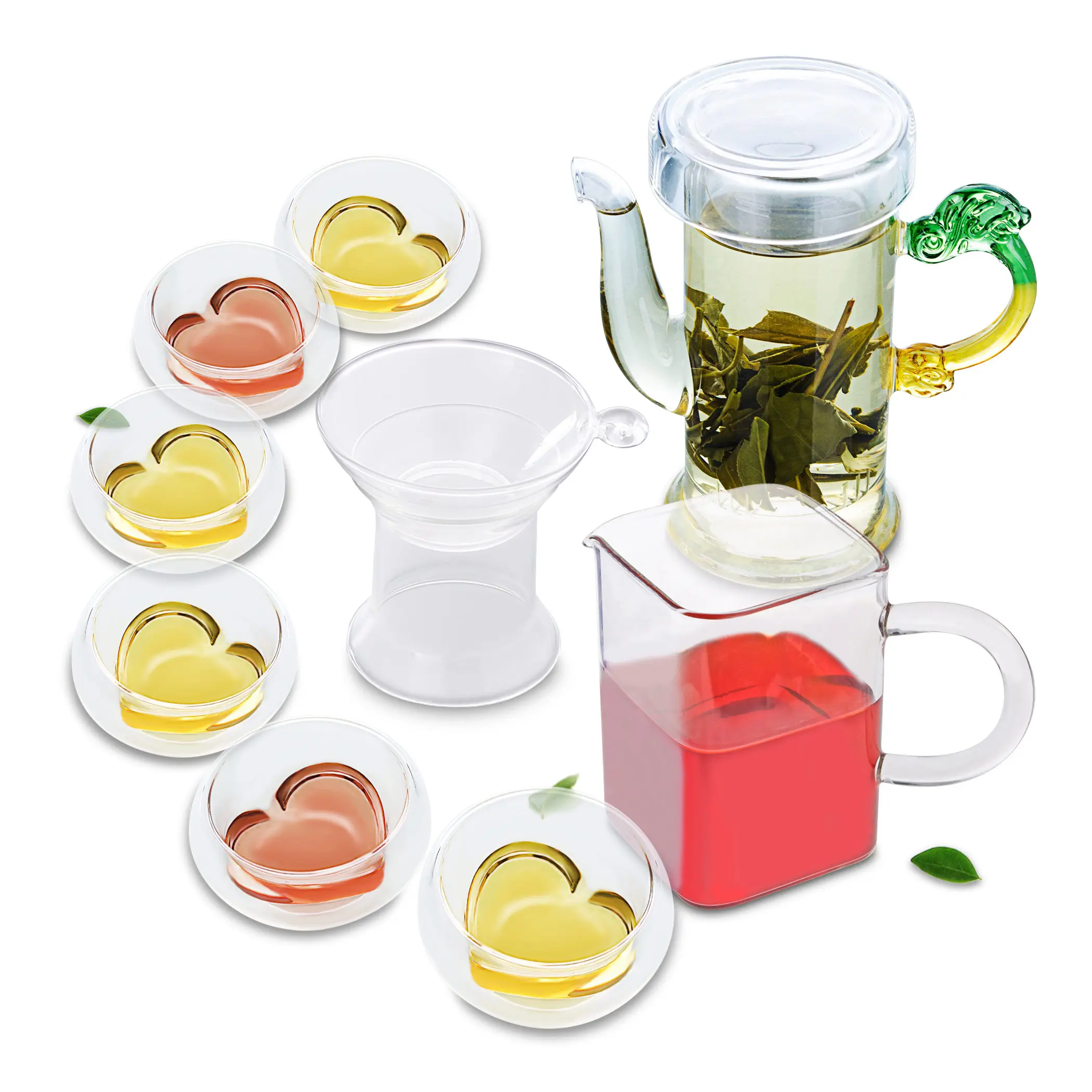 

1x 9in1 Kung fu Coffee Tea Set+220ml Dragon Handle Ear Glass Flower Tea Pot +Strainer+ Pitcher +6 Heart Double Wall Cup