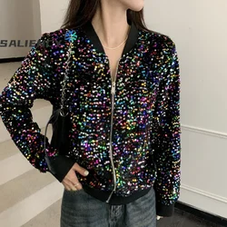 SALIENCY Korean Sequin Coat Female Streetwear Spring Bomber Jacket Long Sleeve Zipper Baseball Suit Blouse Cardigan