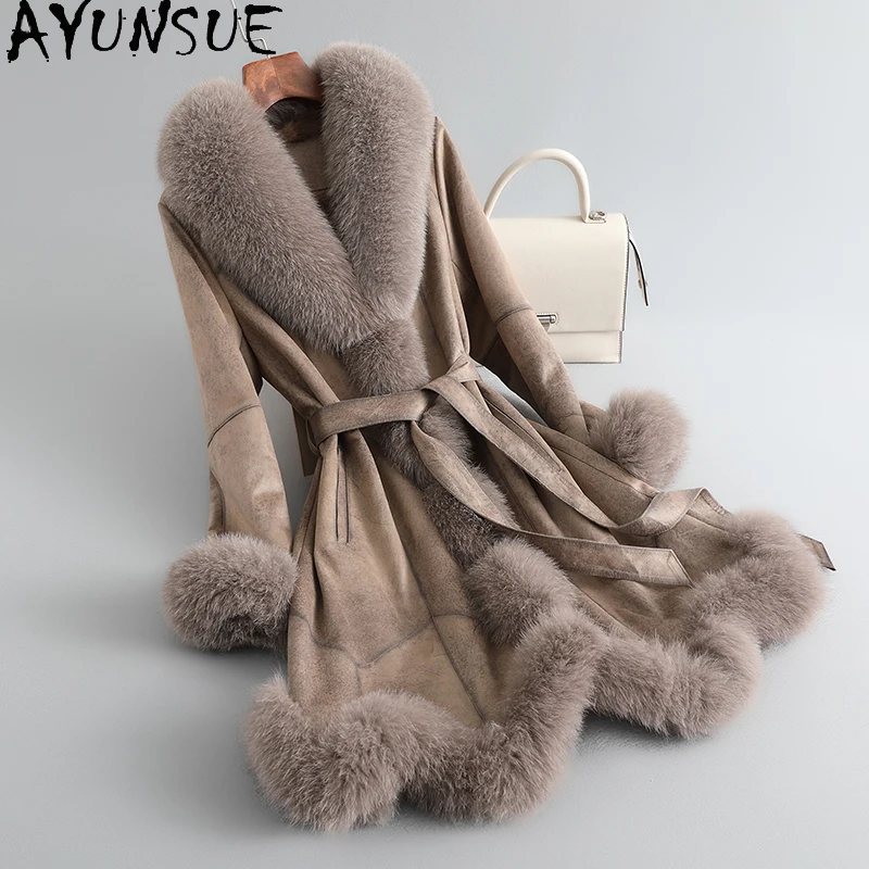 

AYUNSUE Real Fur Coat Woman Winter Jackets for Women 2023 Mid-length Rabbit Fur Liner Fur Jacket Fox Fur Collar Abrigos Mujer