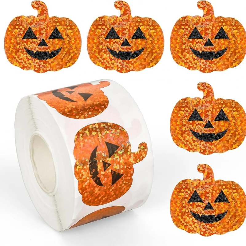 500 Stück/Rolle Halloween Laser-Kürbis-Aufkleber, Halloween-Feier, selbstklebende Etiketten, Geschenkverpackung, Siegelaufkleber, Party-Dekoration
