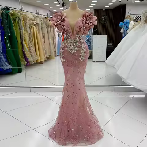 Pink Off Shoulder Evening Dress Mermaid V Neck Formal Prom Dress Luxury 3D Flower Crystal Beaded Cocktail Party Dress Customized