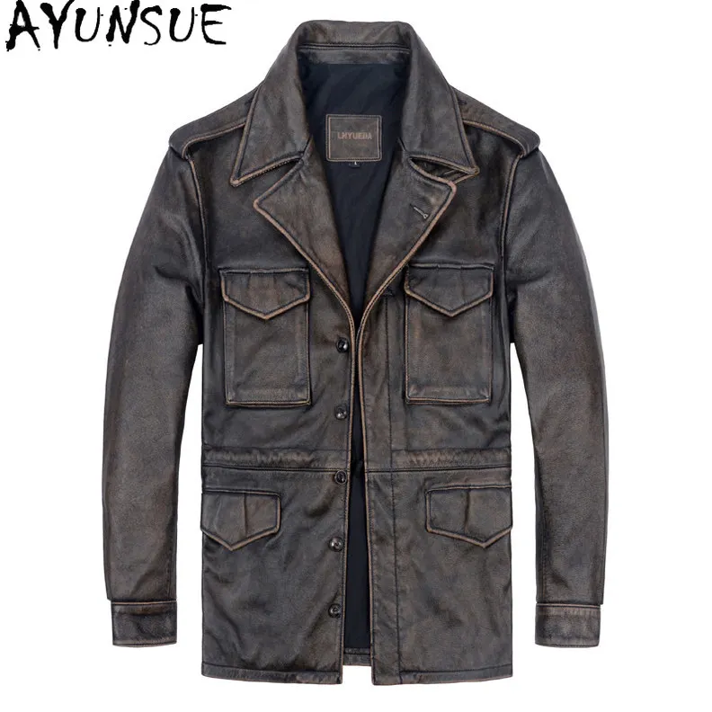 AYUNSUE Top Layer Cowhide Genuine Leather Jacket Men 2026 Winter 100% Real Leather High Quality Mid-length Vintage Coat Man