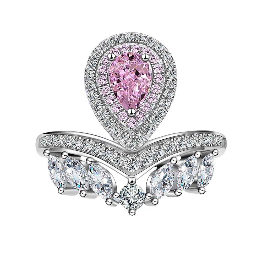 Moda ve lüks 5*7 damlacık şekilli hassas mikro kakma toz elmas yüzük, avrupa ve amerikan 925 gümüş takı