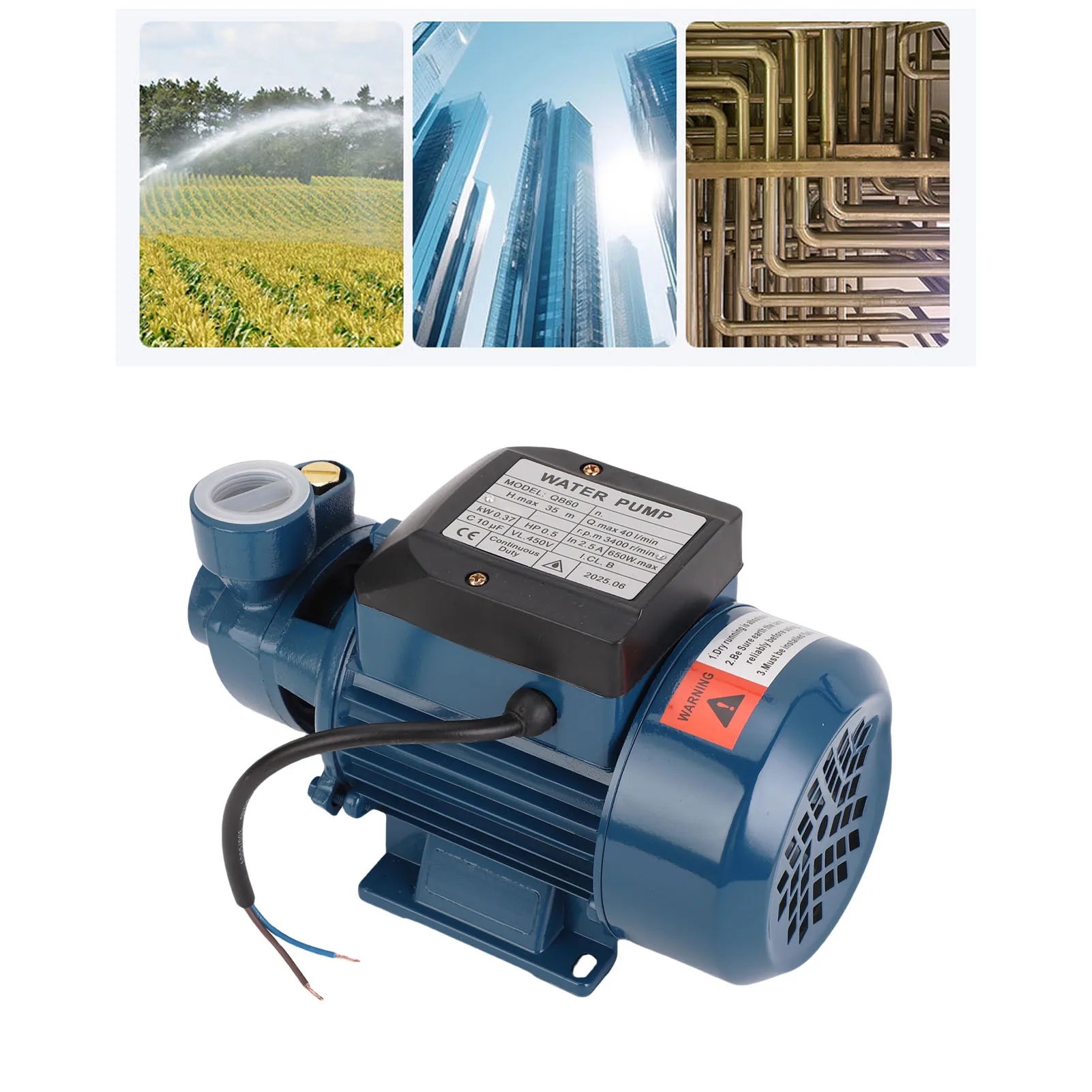 Electric Water Transfer Pump Solar  650W 3400rpm 35m Lift 1in Outlet Pressure Boosting 40L/min Centrifugal Pump