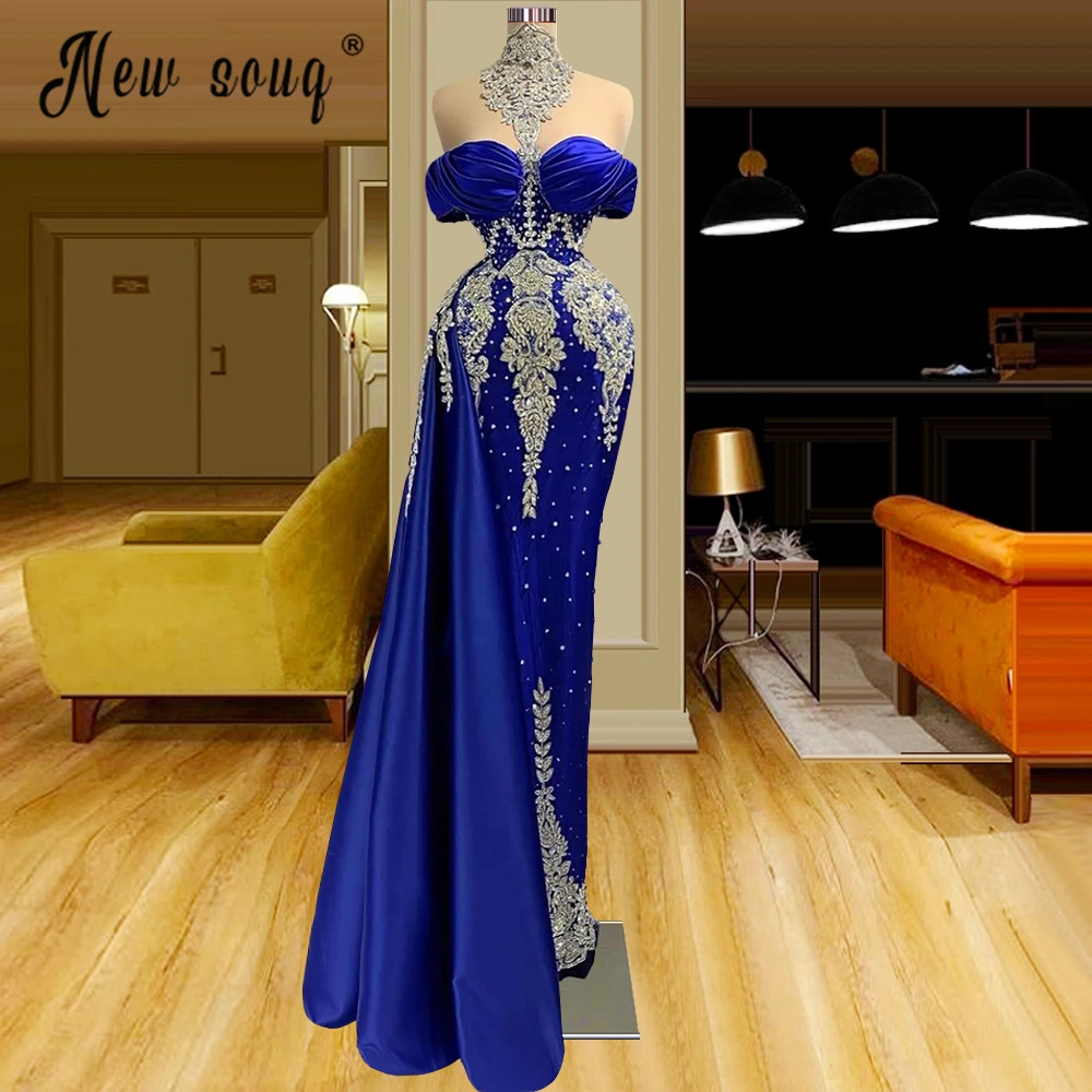 Heavy Beaded Royal Blue Luxury Long Evening Dress Off Shoulder Pleated Mermaid Prom Gowns Arabic Embroidery Robes Plus Size