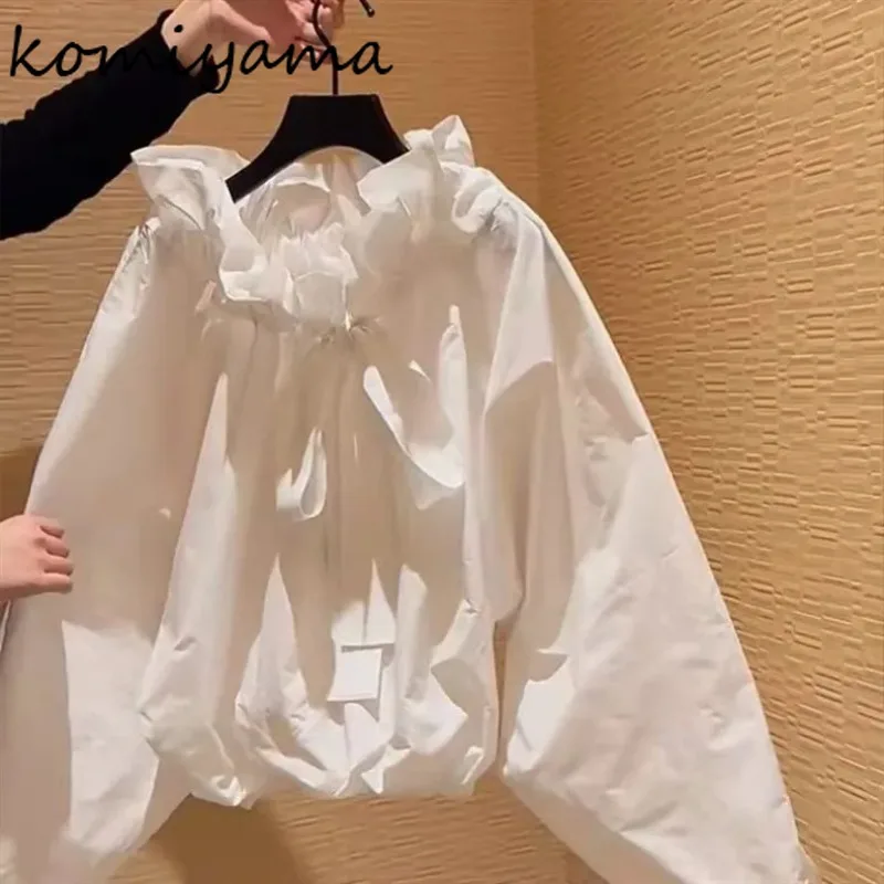 Ruffle Lace-up Bow Shirts & Blouses Stand Collar Long Sleeve Blusas Mujer 2026 Woman Clothing Autumn Camisas Loose Tops