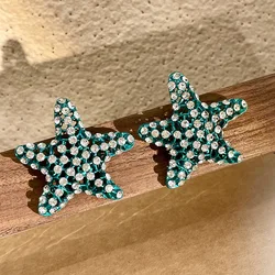 Green Alloy Starfish Earrings for Women Girls Mesh Hollow Summer Beach New Style Exaggerated Fashion Jewelry 2024