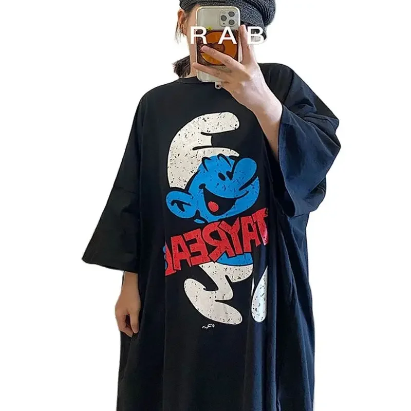 

Fashion Dresses for Women 2023 Summer New Loose Knee Short Sleeve T Dress Women's Cartoon Print Slim Mid length Dress