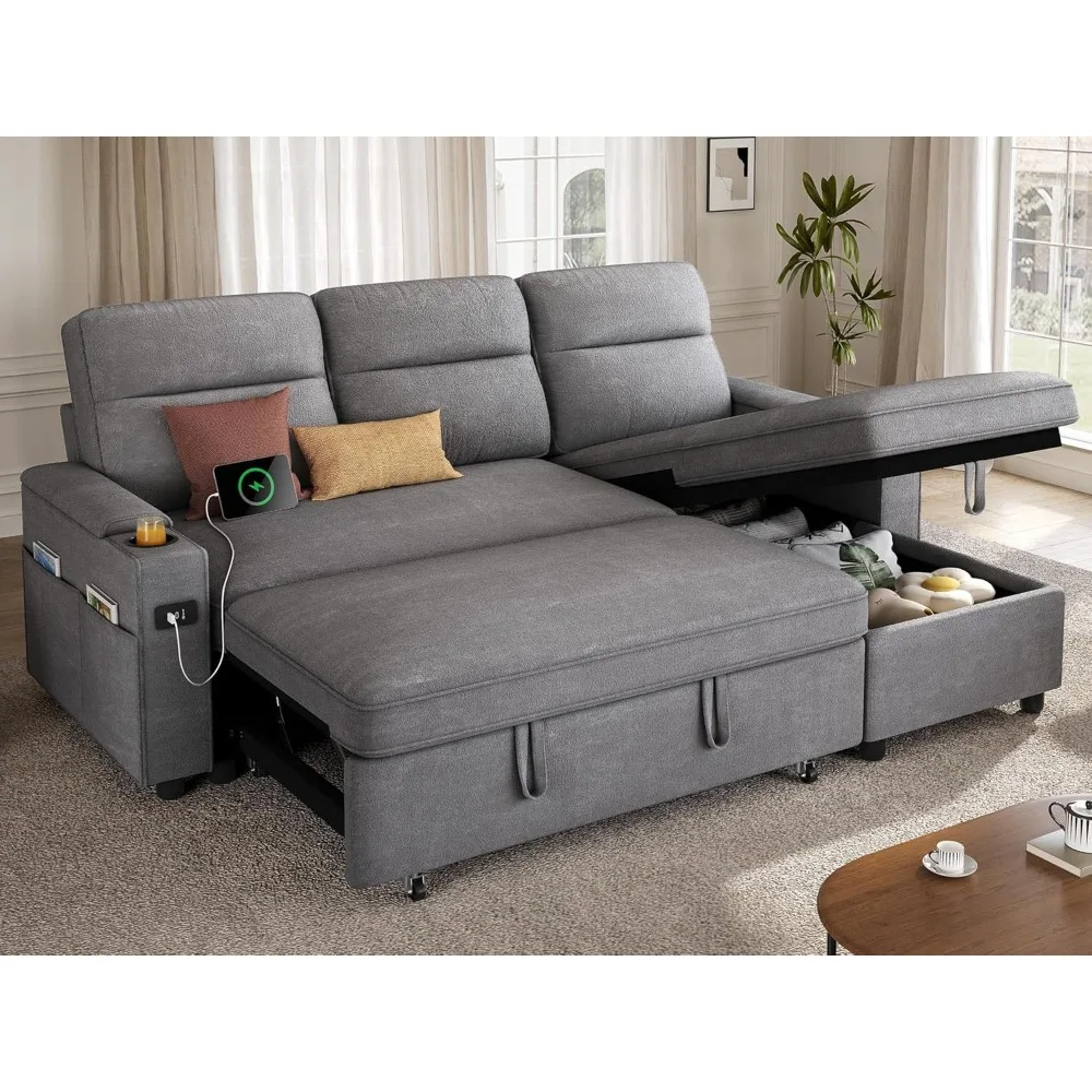 

Convertible Sleeper Sofa with Adjustable Backrest & Pull Out Bed, L-Shaped Sectional Sofa Bed with Armrest & USB Port