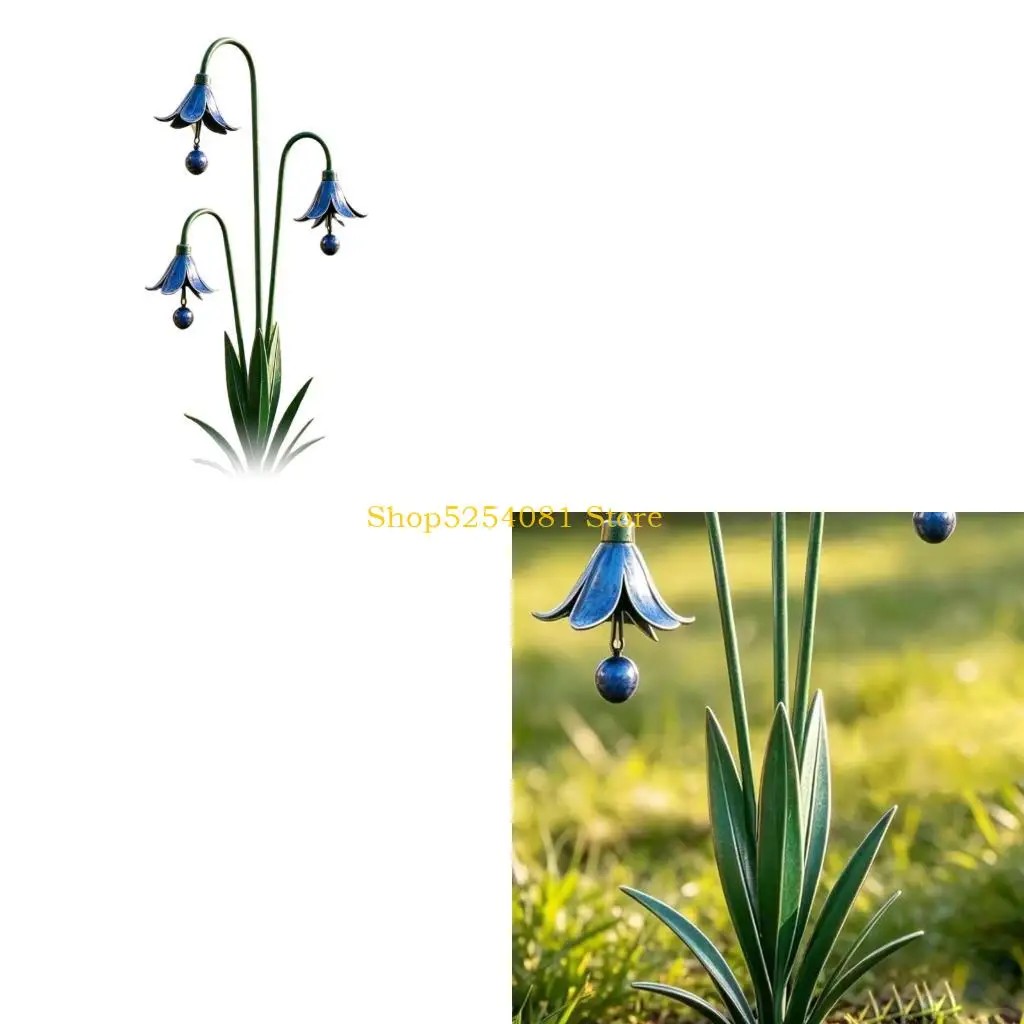 AXYC Metal Flower Garden Stake, Iron Yard Piece with Blue Flower Design, 26.38 x 12.99 In Ground Insert for Outdoor Lawn Use and