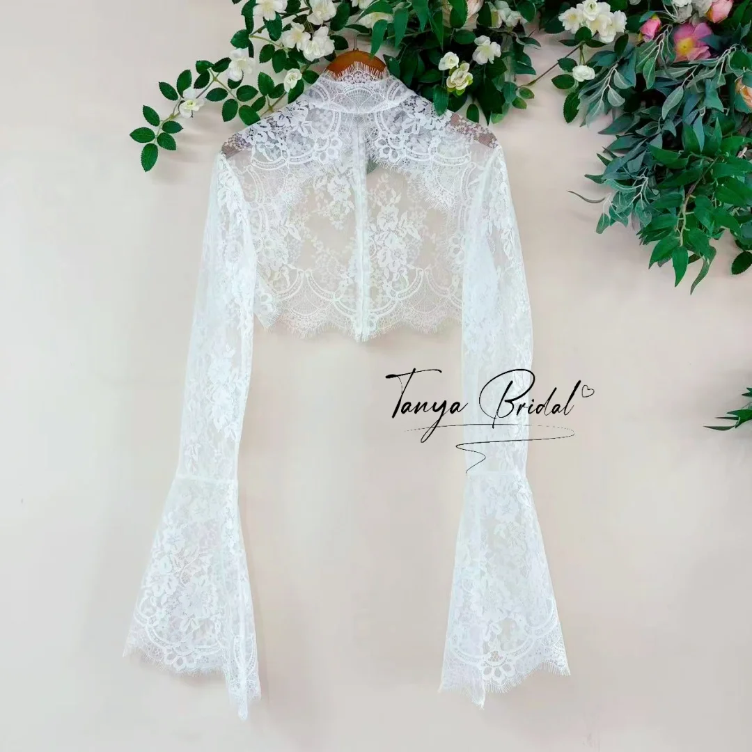 Elegant Bridal Lace Bolero Jacket with High Neck Long Sleeves Flare Sleeves Buttons Back for Brides Wedding Top