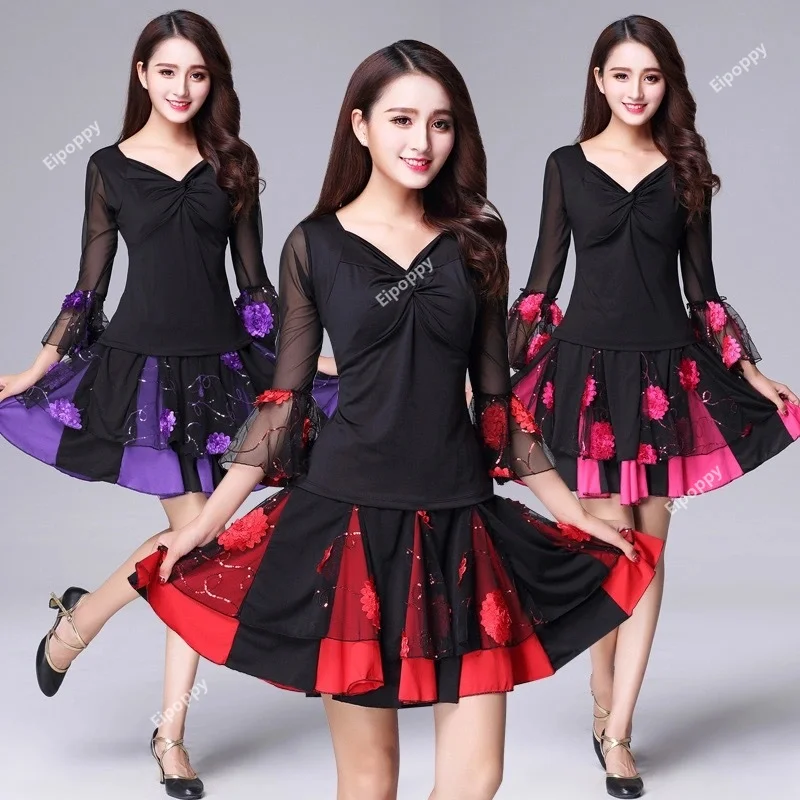 Ballroom Dance Costume Tops Flamenco Blouses Standard Modern Outfits Waltz Latin Salsa Rumba Dancewear Tops Long Sleeves