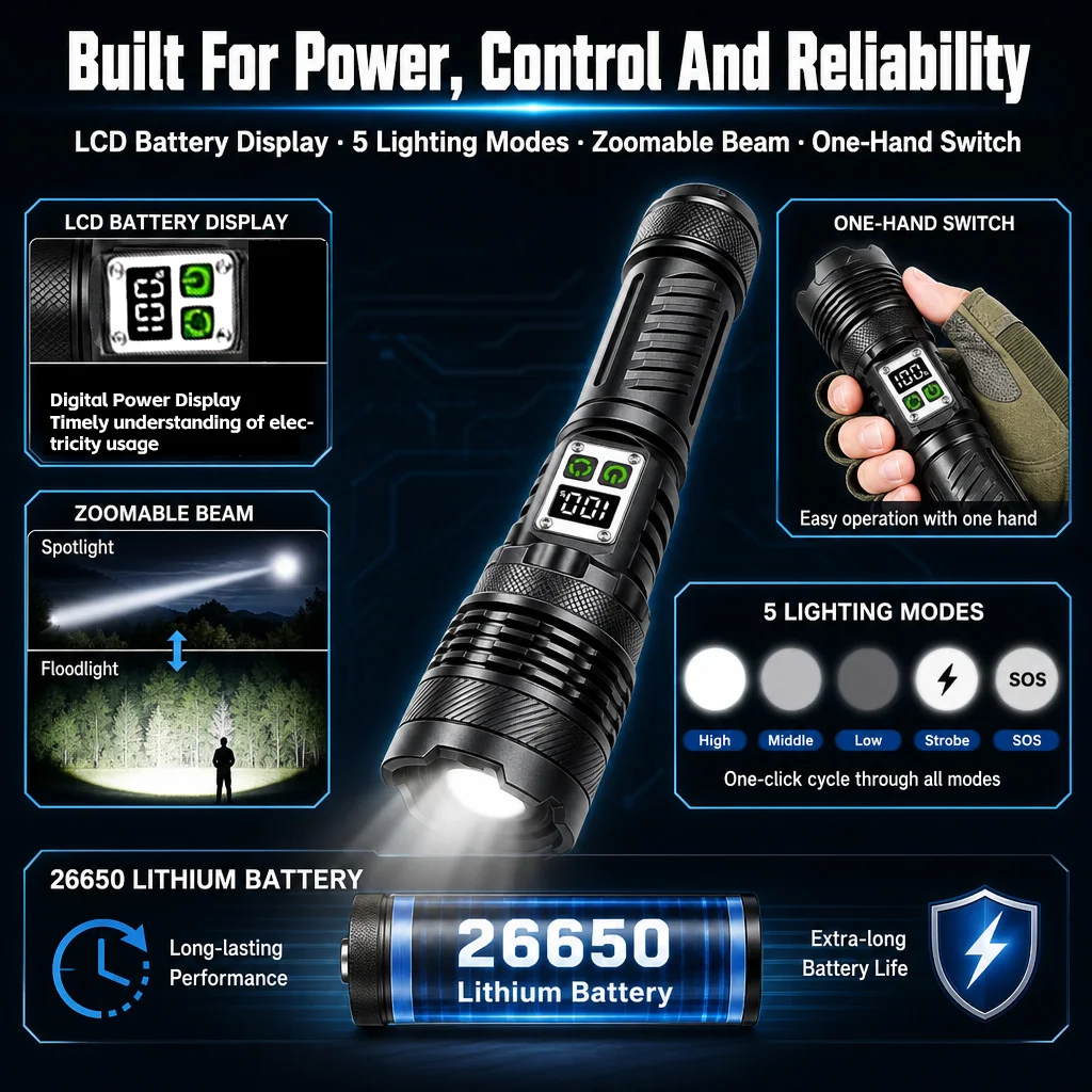 Powerful LED Flashlight Zoomable Camping  Spotlight Long Range Torch Explosion-proof Waterproof Tactical Lantern For Outdoor