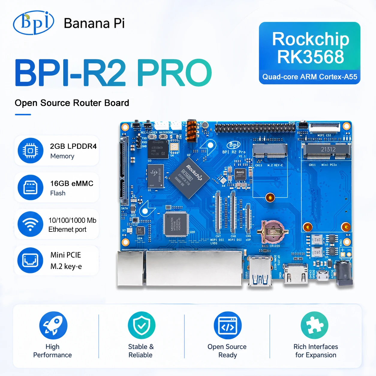 Banana Pi BPI-R2 Pro Rockchip RK3568 Quad-core Cortex-A55 2G LPDDR4 16G eMMC Mini PCIE M.2 key-e SATA 3.0 Port Router board