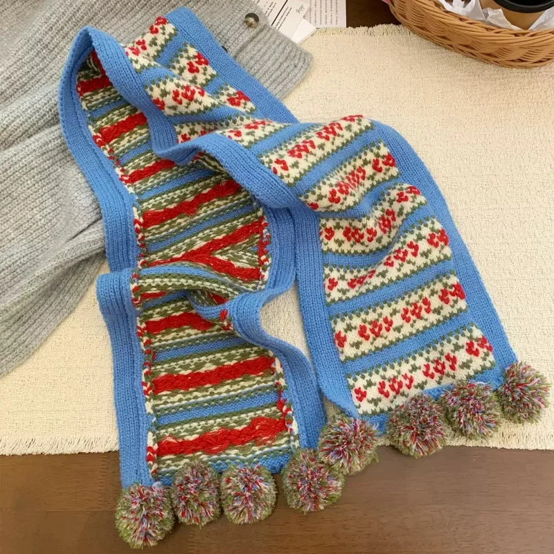 

Retro Bohemian Style Red Blue Green Jacquard Knit Scarf with Pompoms Tassels Winter Warm Wool Blend Neckerchief Girls Boys Gift