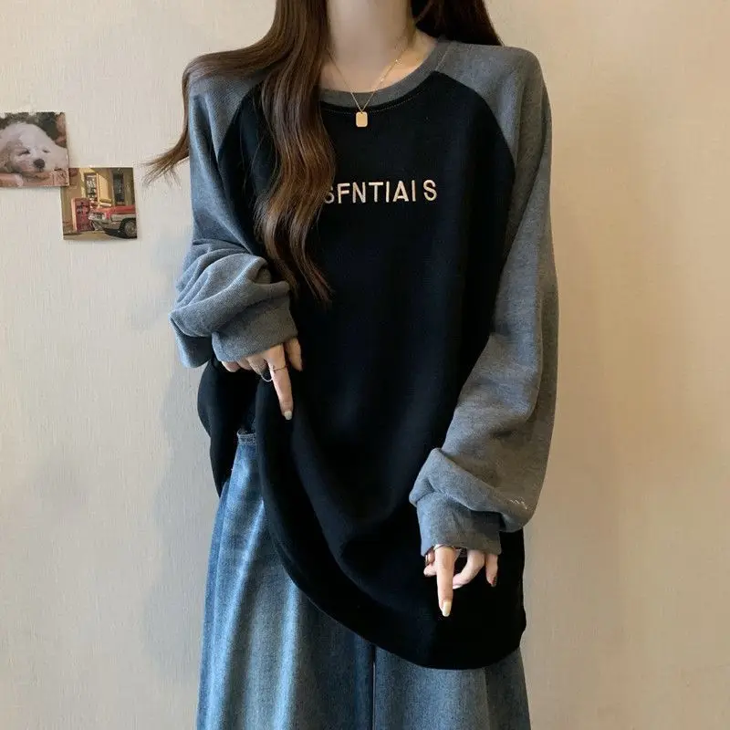 Spring Autumn New Patchwork Contrast Letter Printing Tops Long Sleeve O-neck Loose Casual T Shirts Fashion Vintage Women Clothes