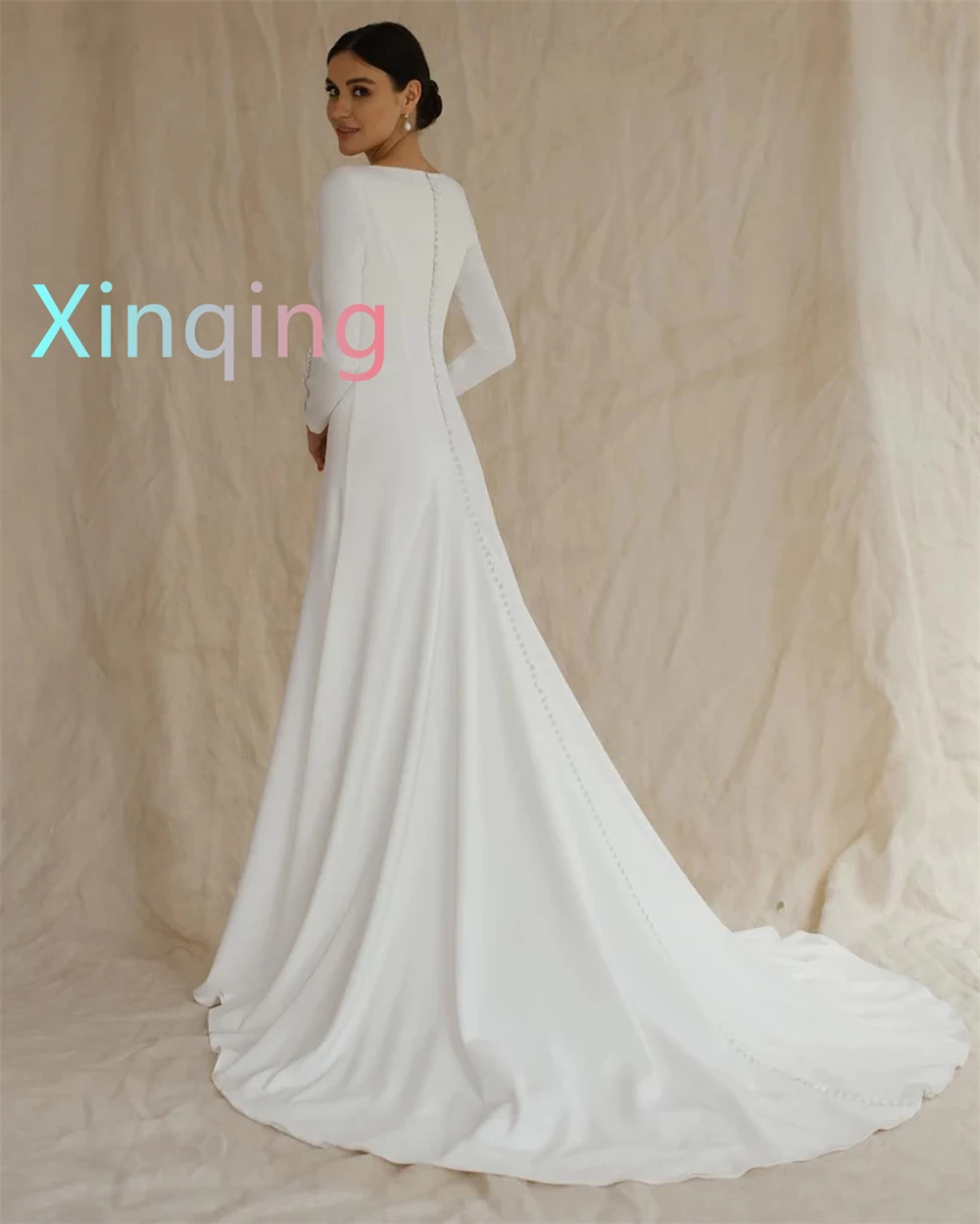 맞춤형 꿈꾸는 흰색 웨딩 드레스 고품질 긴 소매 공식 드레스 클래식 미디 드레스 2025 여성을위한 신부 가운