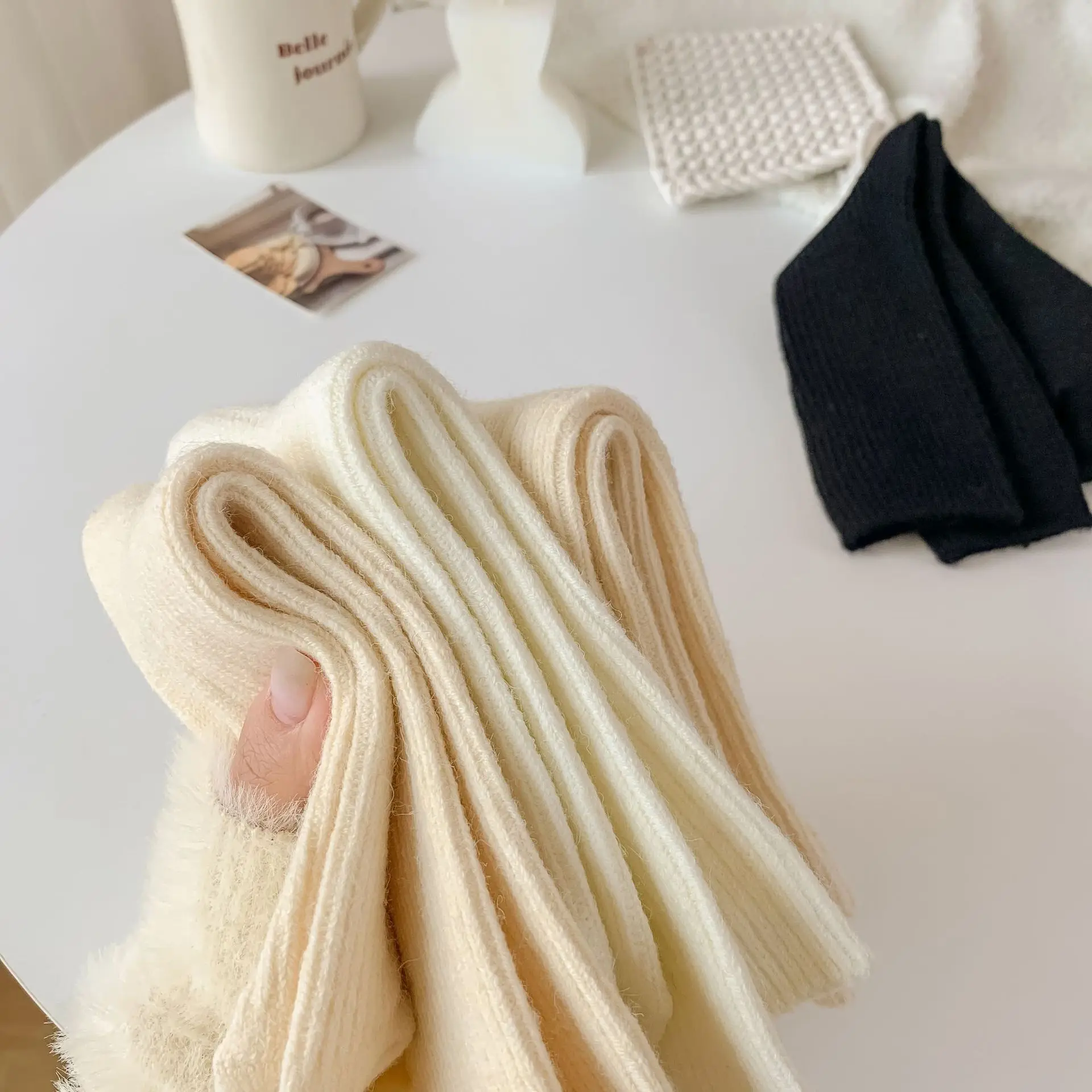 Japanese soft waxy wool socks warm winter plush thickened stockings cream solid color ins thin stripe warm pile socks