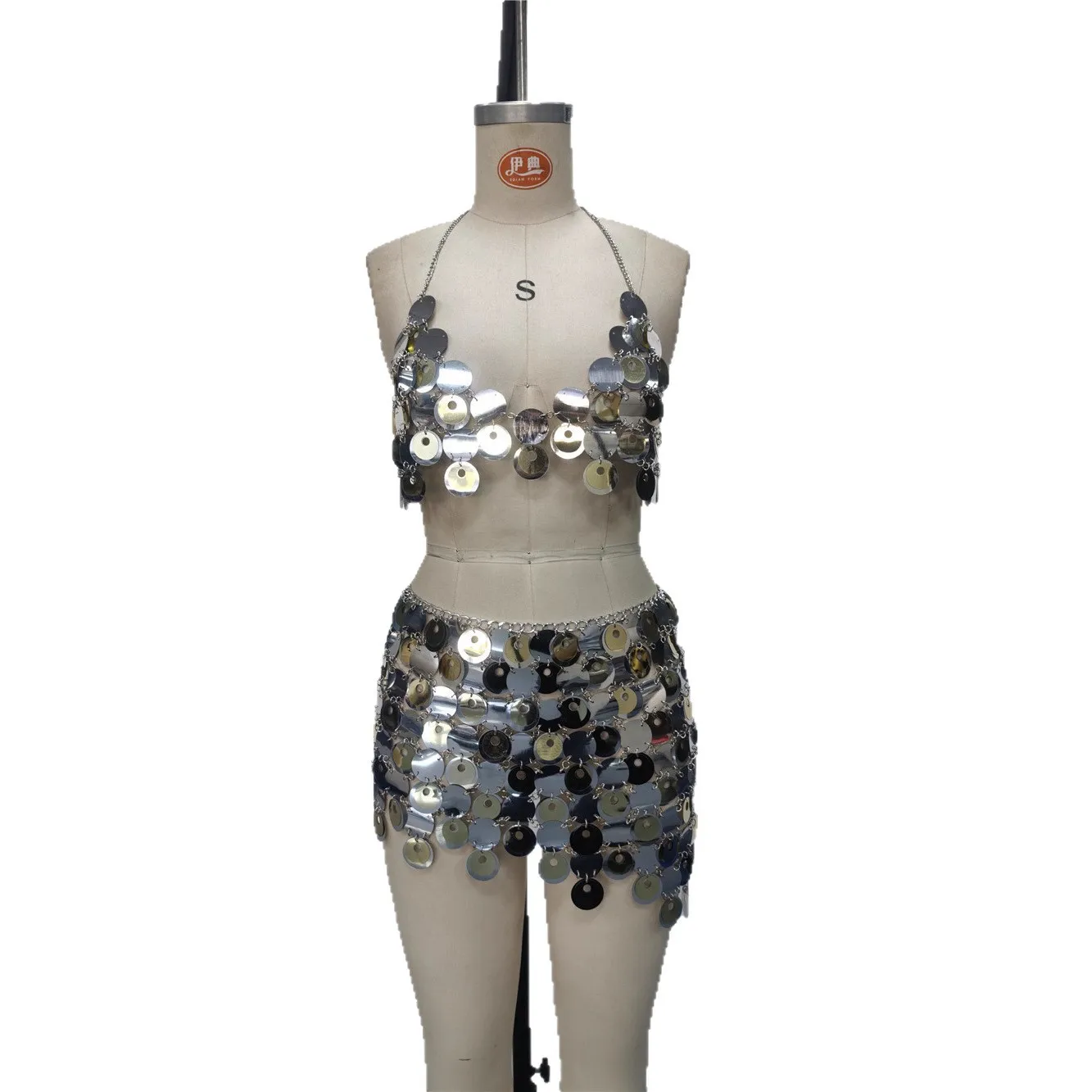 Sexy Silver Sequin Heavy Work Round Piece Fashion Patchwork Hollow Nightclub Hot Girl Mini Skirt Sequin Set