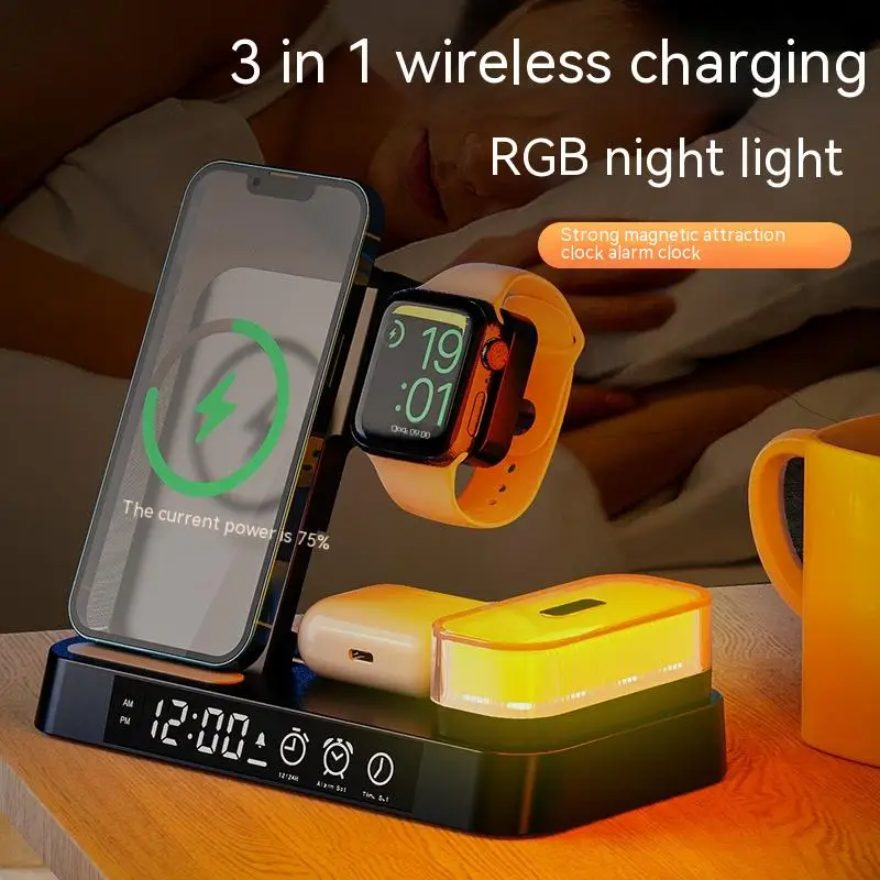 

Wireless Charger Stand Alarm Clock Temperature RGB Light Fast Charging Dock Station For iPhone For Samsung Watch Charging Stand