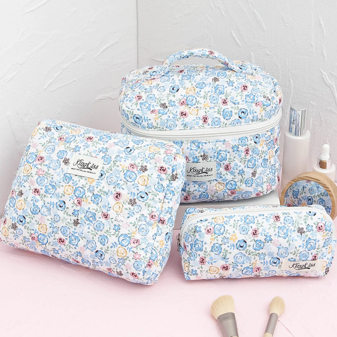 Blue Floral Makeup Bag Set With Zipper Travel Toiletry Brush Organizer Bag For Women Makeup Storage Bag Cosmetic Bag