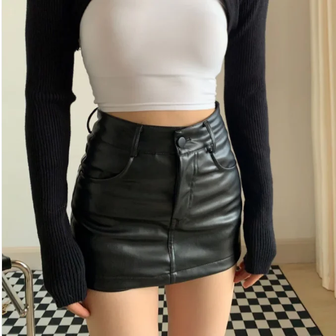 Black PU Small Leather Skirt Style Tight-fitting Slimming High Waist Hip Skirt Women Autumn and Winter Anti-exposure Culottes