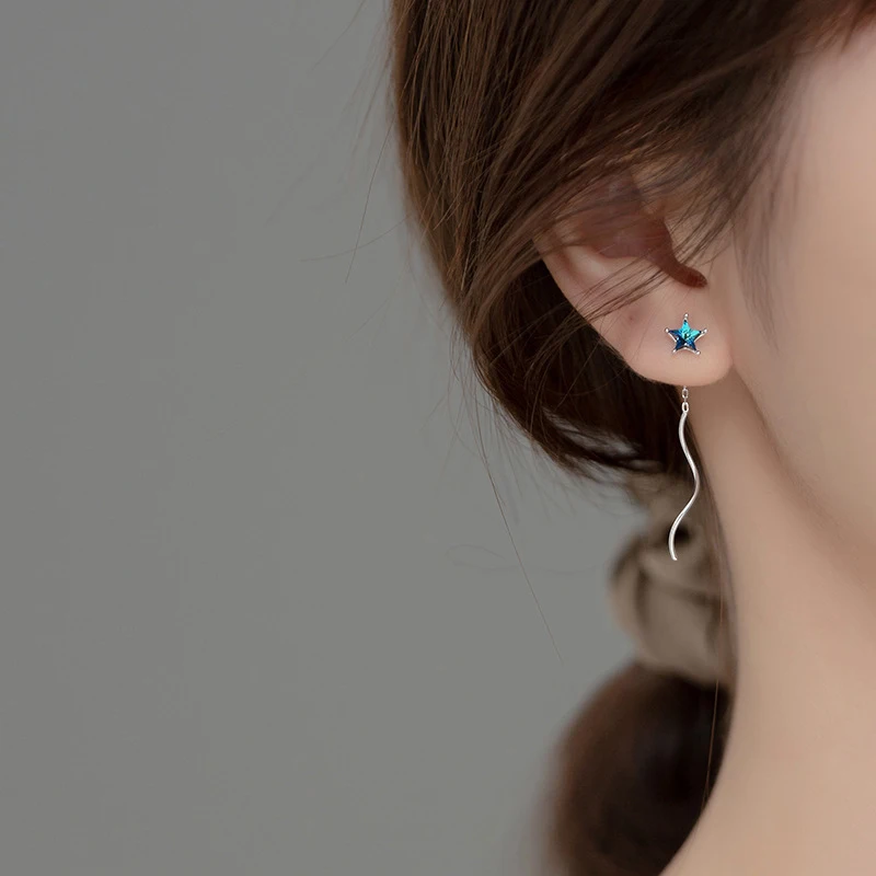 Modian Classic Long Chain Tassel Drop Earrings For Women Genuine 925 Sterling Silver Clear Blue Crystal Stars Moon Jewelry Gift