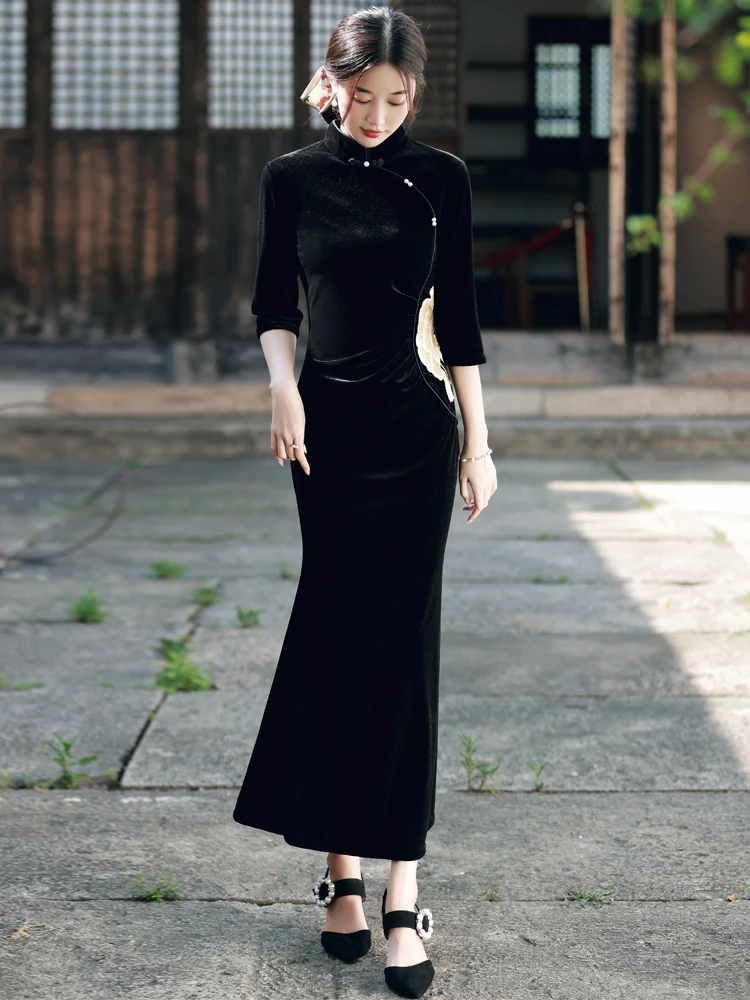 

Элегантное длинное вечернее ципао, обновленная версия, ретро-стиль, для выступлений, с высоким разрезом, модное, для женщин 8-25 лет