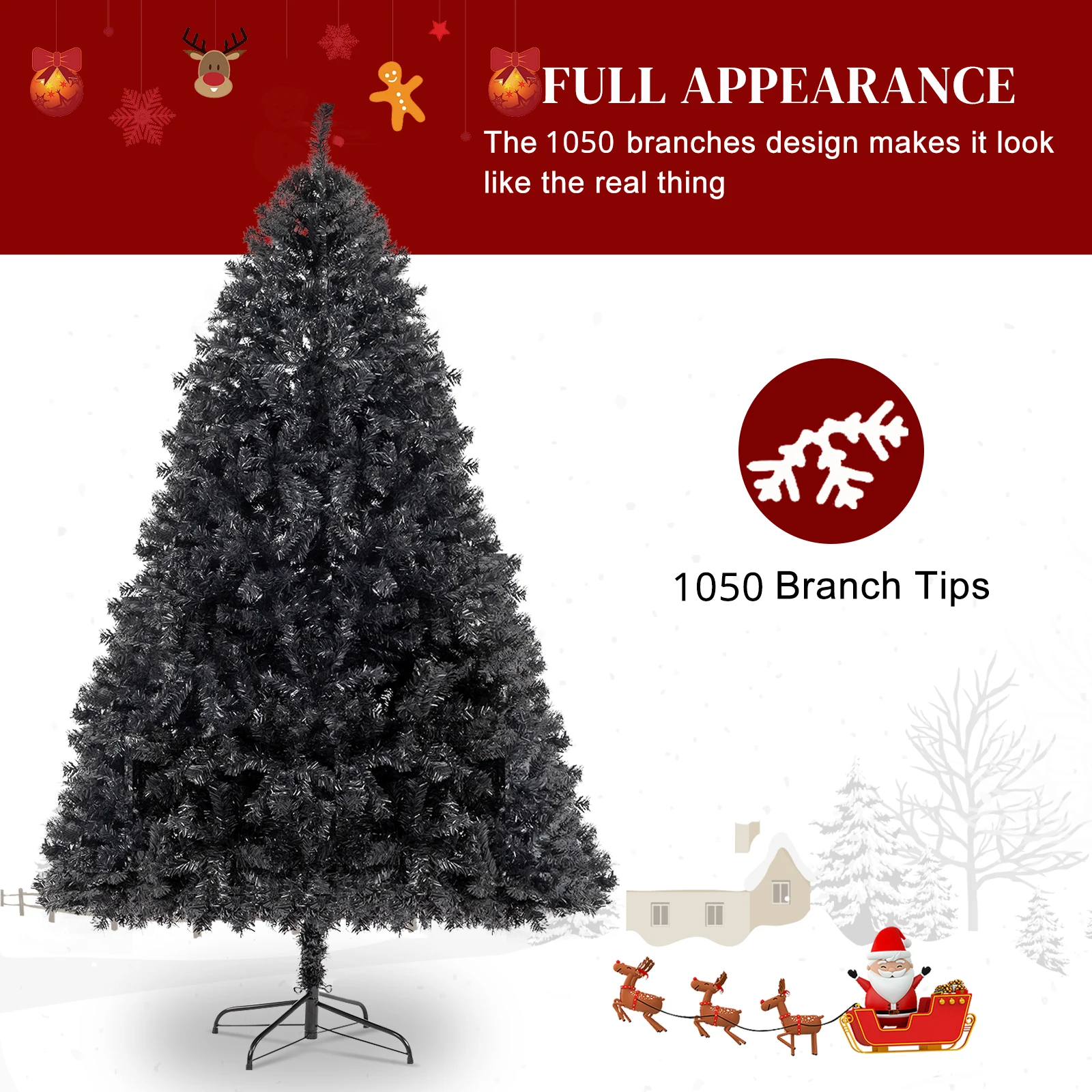 

FCH 6ft 1050 Branches PVC Christmas Tree - Durable Black Artificial Pine Tree, Eco-Friendly Flame Retardant, Easy Setup
