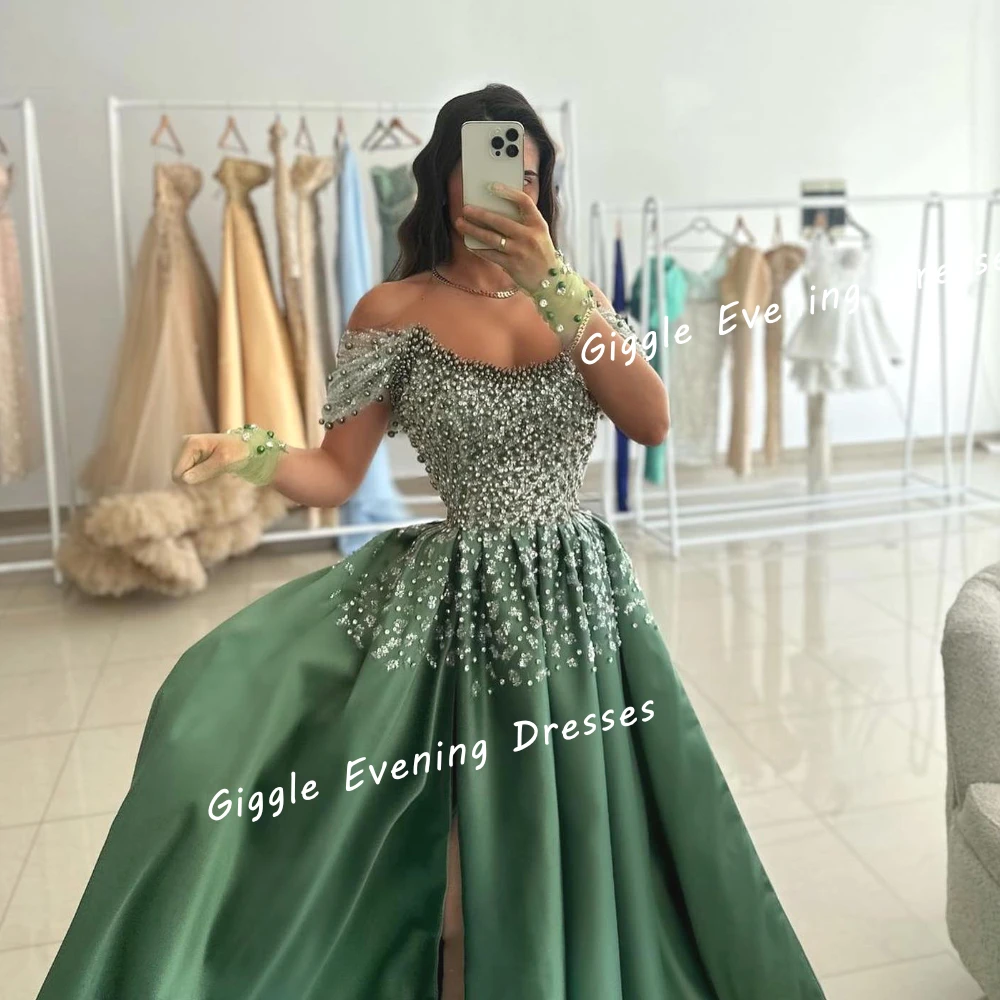 Giggle Satin Off-The-Shoulder Beading Elegance Prom Gown Saudi Arab Sequined Floor-Length Evening Party Dresses for Women 2024