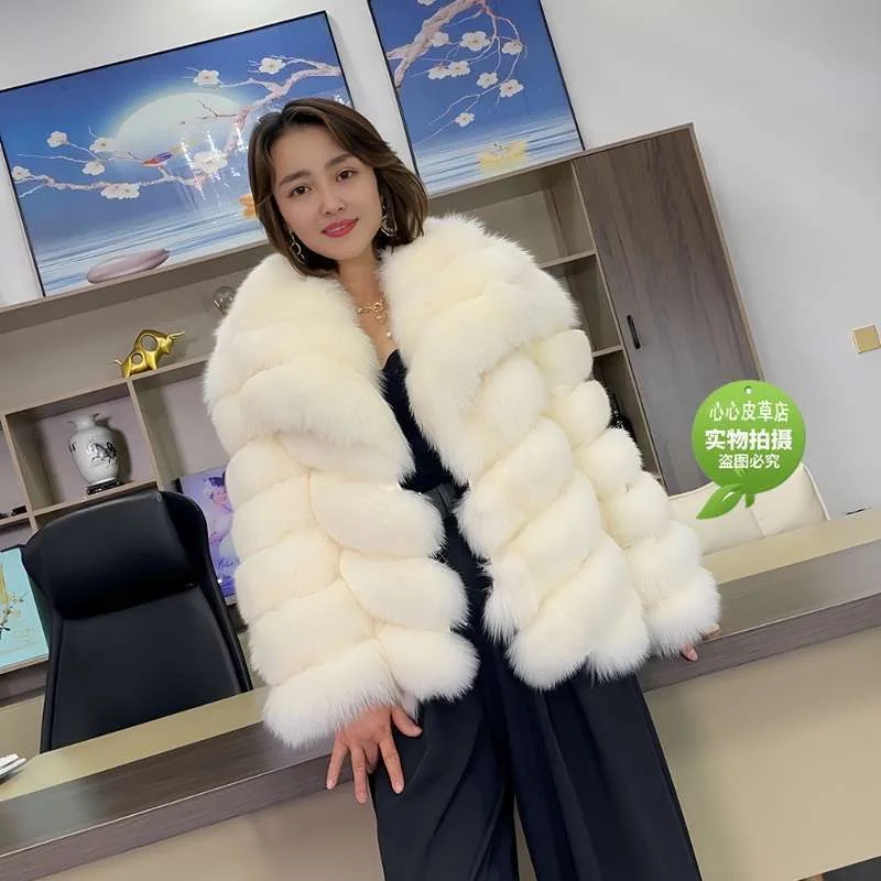 QUEENTINA Winter New Women\'s Real Fox Fur Coat With Collar Overcoat Leather Female Natural Plus Size