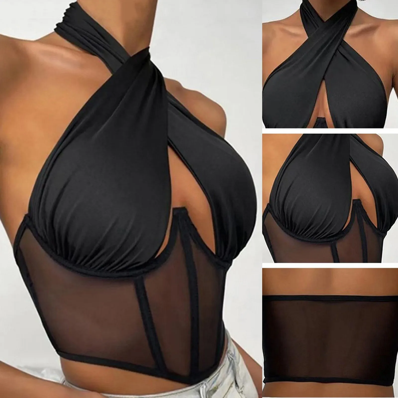 

KUCLUT Sexy Cotton Stretch Tops For Women Cross Halter Sleeveless Blouses Fashion Sleeveless Hollow Out Top Irregular Neckline