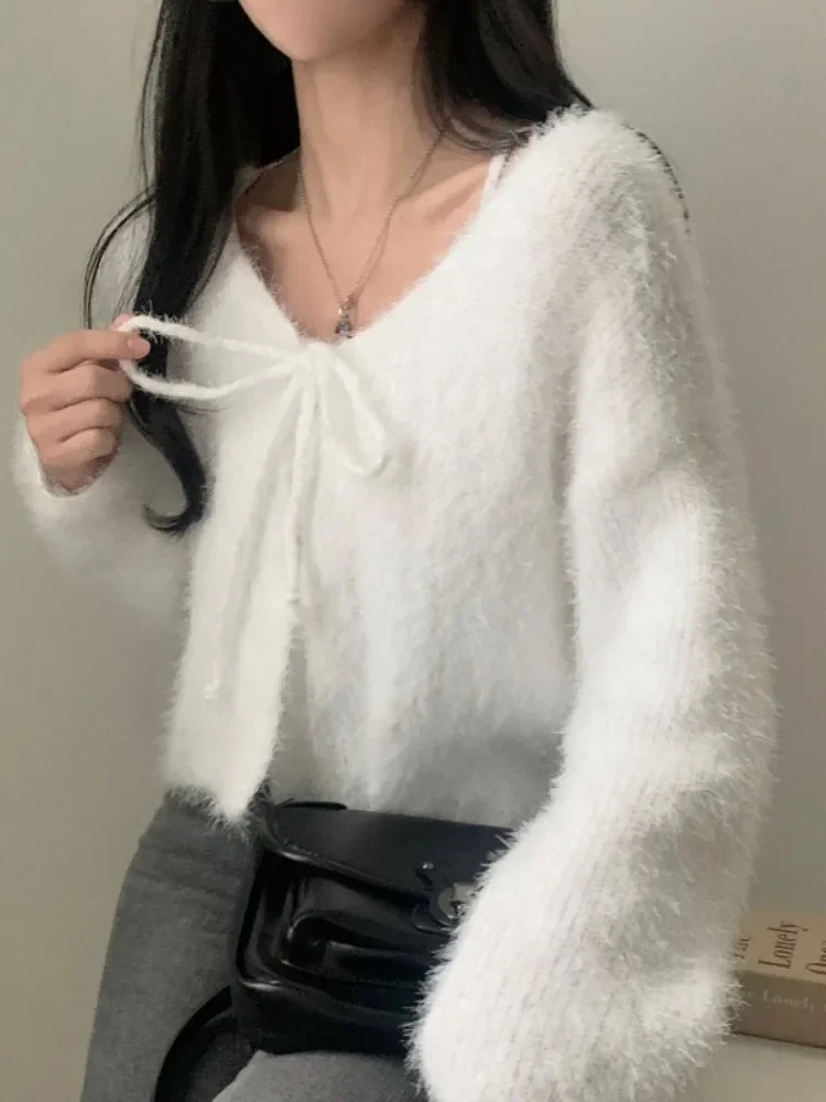 Y2K Knitted Fur Sweater Cardigan Women Long Sleeve Bandage V-neck Sueter Mujer Autumn Vintage Sweet All Match Cropped Sweater