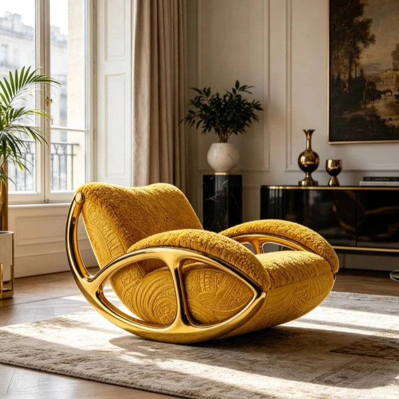 Modern Rocking Chair Yellow Textured Fabric Leisure Armchair for Living Room Balcony