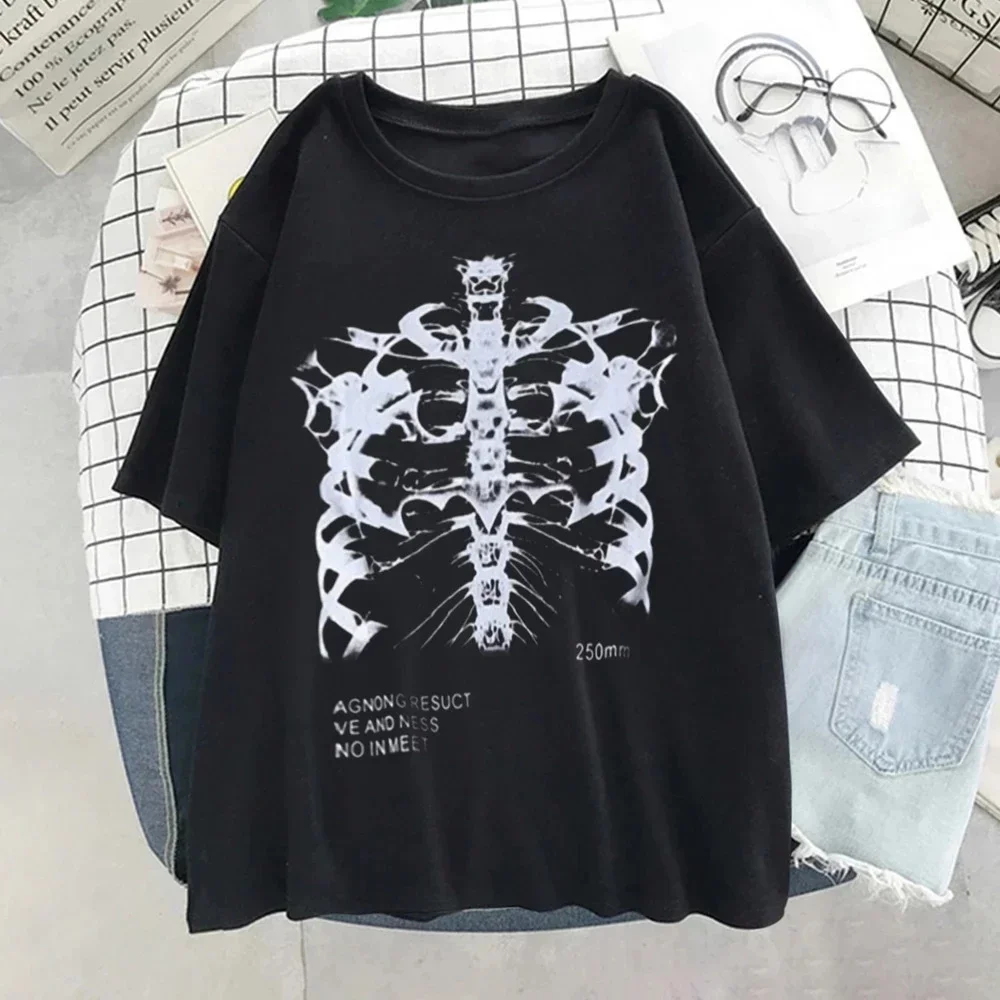 Funny Women's T-shirt Female Dark Skull Bones Heart and Lung Print Skull T-shirt Ladies Punk Top Streetwear Short Sleeve Tshirts