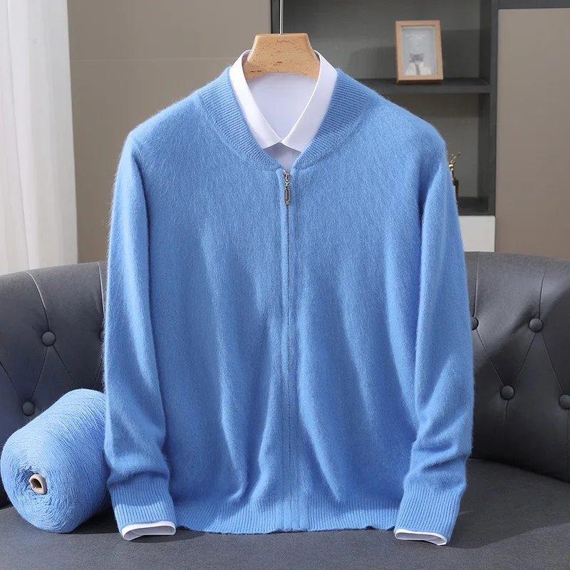 سترة صوفية محبوكة من كشمير المنك للرجال، مقاس فضفاض، ياقة واقفة، سحاب، لون سادة كاجوال، قميص قاعدة من الكشمير، معطف، سترة