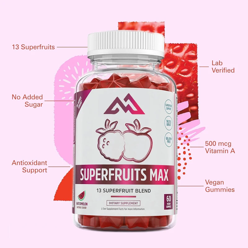 

60 vegetarian gummies with complex vitamins, 13 natural super fruits, rich in vitamins A, C, E, zinc, immunity, energy