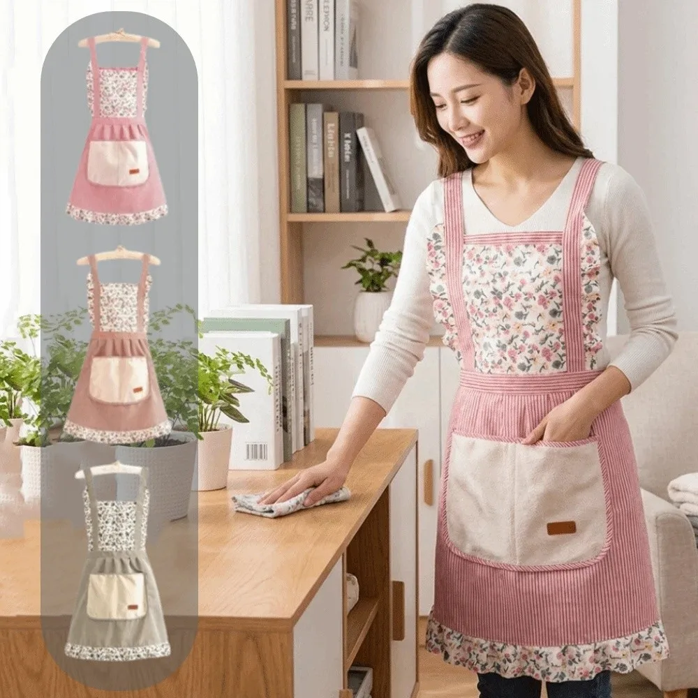 Floral Printed Floral Printed Apron Large Pocket Adjustable Kitchen Cooking Apron Protective Wear-resistant