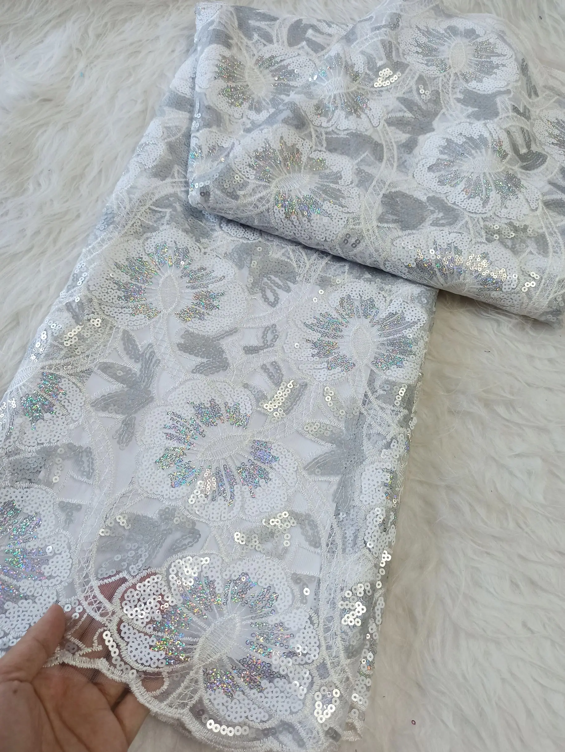 

African French white Sequined Lace Fabrics 2025 High Quality Tulle Lace 5 Yards Nigerian Embroidered Dress Party Wedding