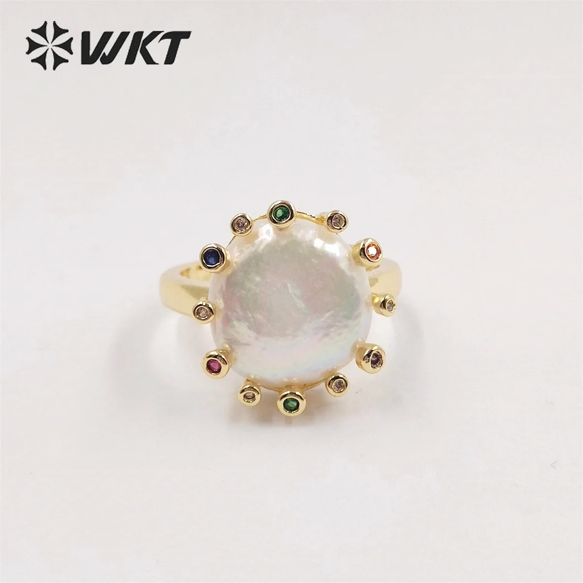 WT-MPR050 Elegant Fashion Gold Cubic Zircon Round Coin Freshwater Pearl Ring INS Hot White Gorgeous Women Anneversarry ACC